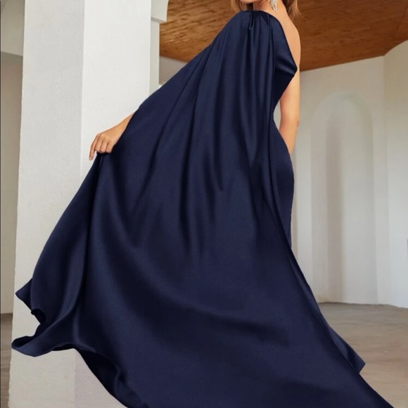 Luxe Navy Blue One shoulder Party Formal Evening Prom Satin Wedding Dress - Picture 2 of 16
